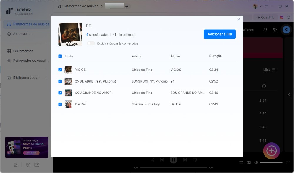 Escolha músicas do Spotify para baixar.
