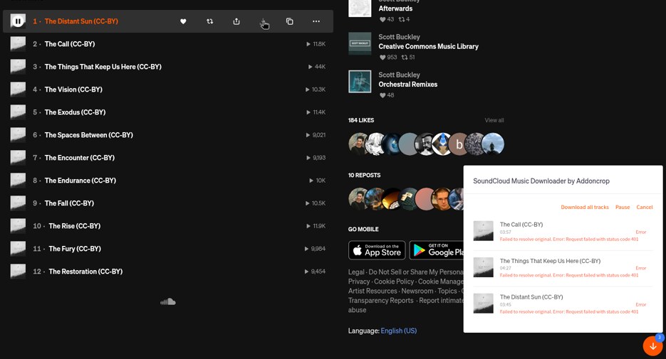 Addoncrop SoundCloud Music Downloader показывает ошибку 401 у трёх треков плейлиста Monomyth, тест 30 октября 2026 г.