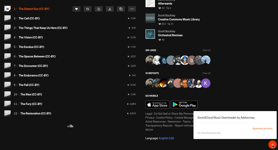 Панель Addoncrop SoundCloud Music Downloader с кнопкой Download all tracks на странице плейлиста Monomyth, тест 30 октября 2026 г.