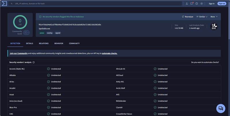 VirusTotal Check on AudFree Installer
