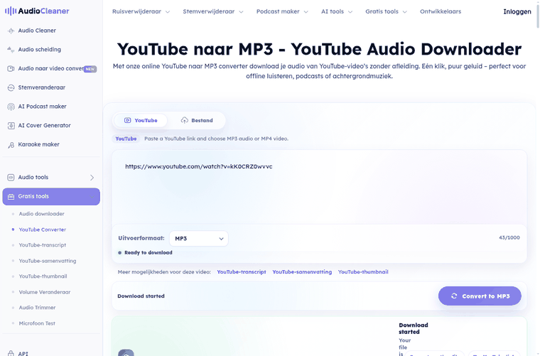 AudioCleaner zet een YouTube-link om naar MP3, getest op 29 oktober 2026