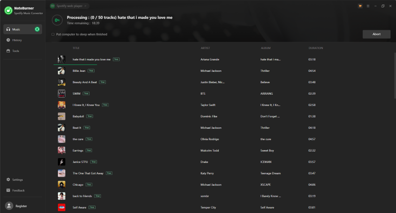 NoteBurner Spotify Music Converter Playlist Downloading Interface