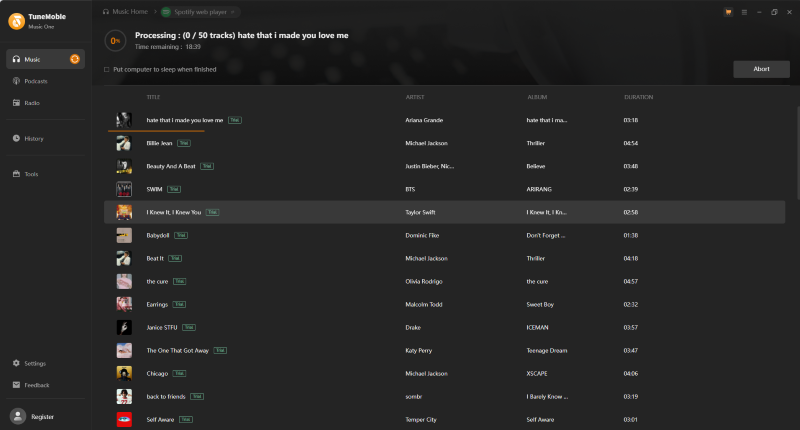 TuneMobile Spotify Music Converter Downloading Interface