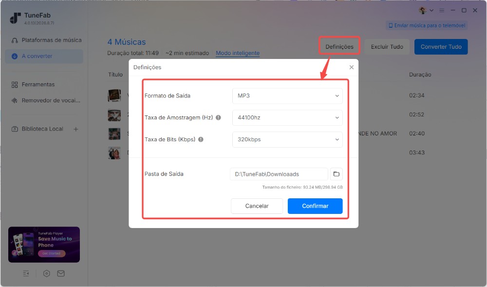 Defina a qualidade de áudio para downloads
