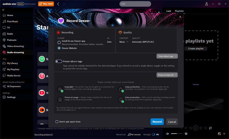 Choose Deezer Playlist Source on Audials One