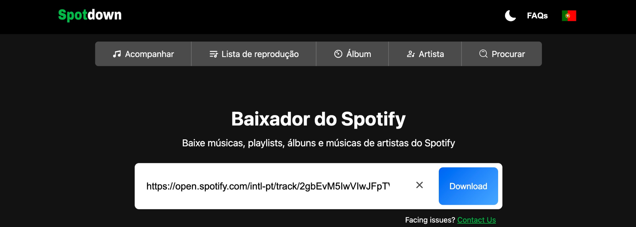 Falha no downloader online do Spotify
