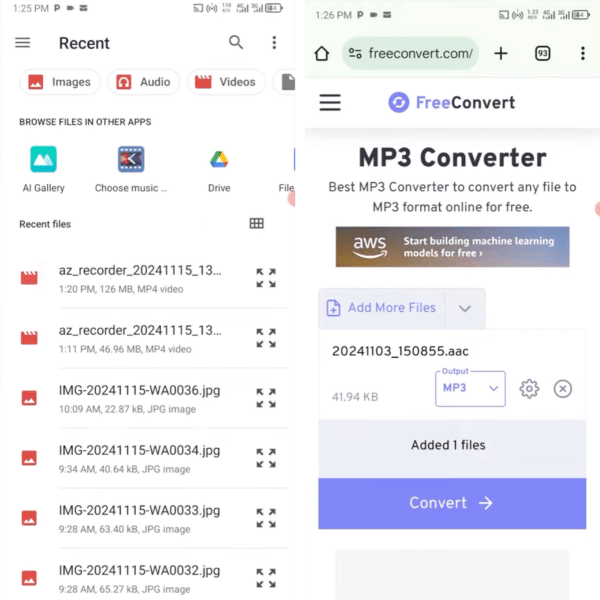 Convert AAC to MP3 via FreeConvert on Android
