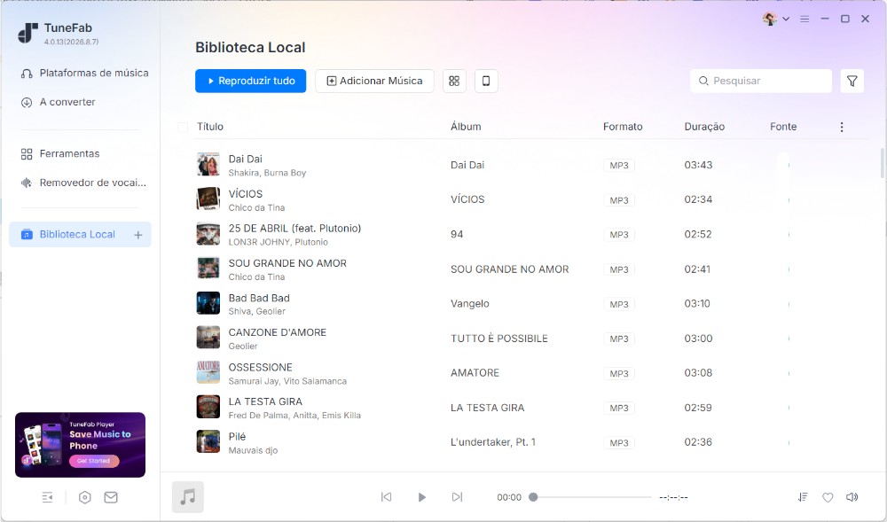 Ouça músicas finalizadas com o reprodutor integrado.