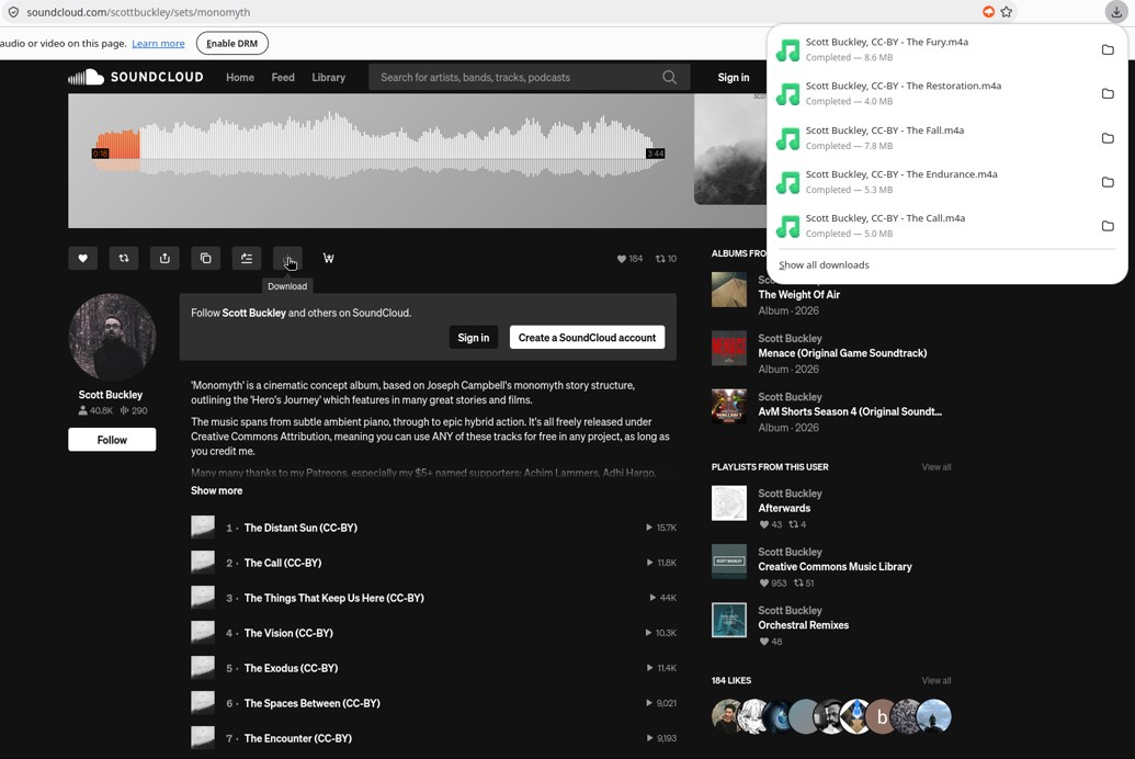 Панель загрузок Firefox с треками плейлиста Monomyth в M4A, скачанными расширением SoundCloud Downloader, тест 30 октября 2026 г.