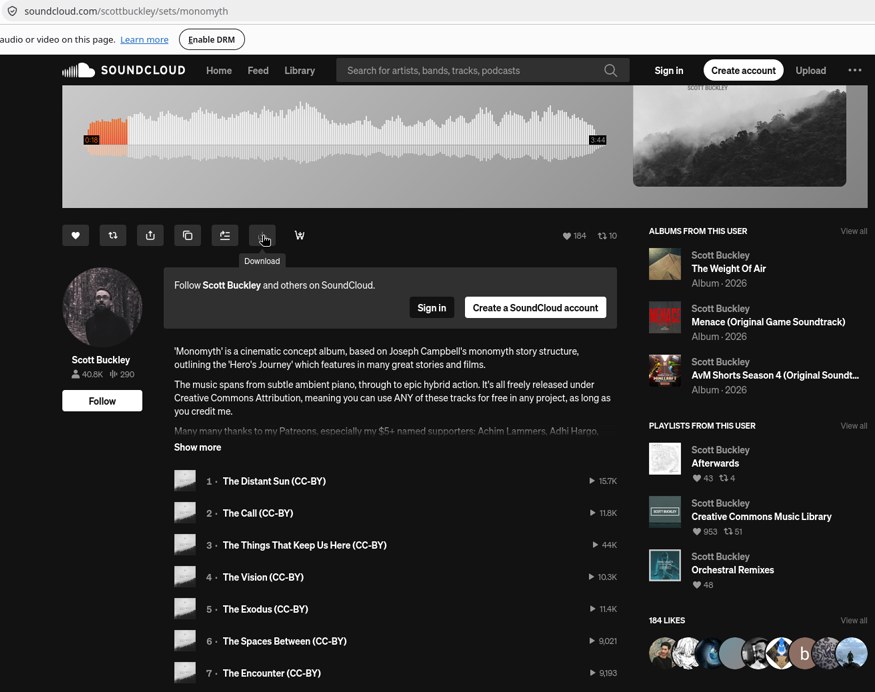 Кнопка Download расширения SoundCloud Downloader на панели плейлиста Monomyth в Firefox, тест 30 октября 2026 г.