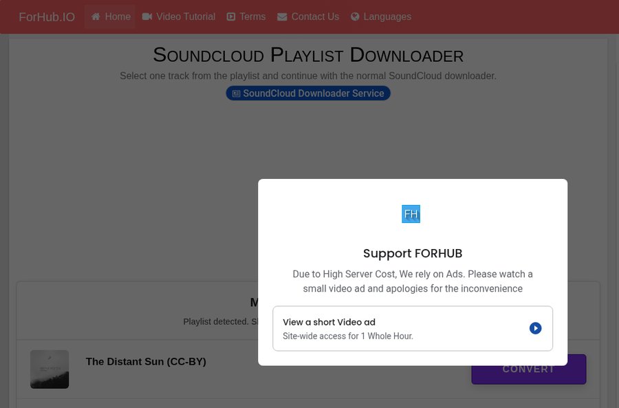 ForHub перекрывает список треков окном с просьбой посмотреть видеорекламу, тест 29 октября 2026 г.