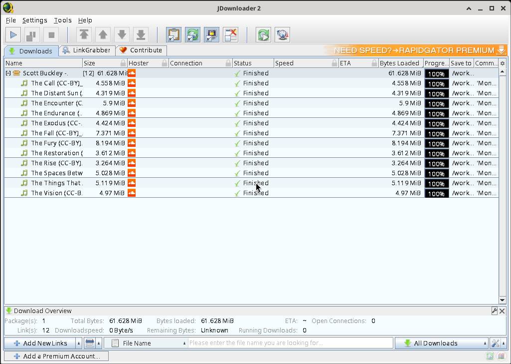 JDownloader 2 скачал все 12 треков плейлиста Monomyth, у каждого статус Finished, тест 30 октября 2026 г.