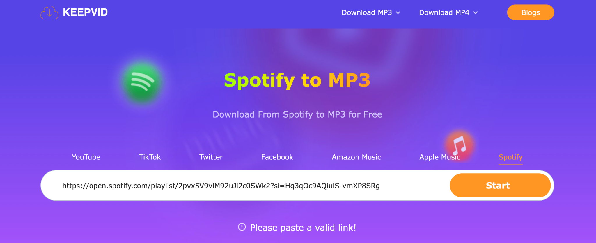 KeepVid failing to generate a downloadable file from a Spotify link during our July 2026 test