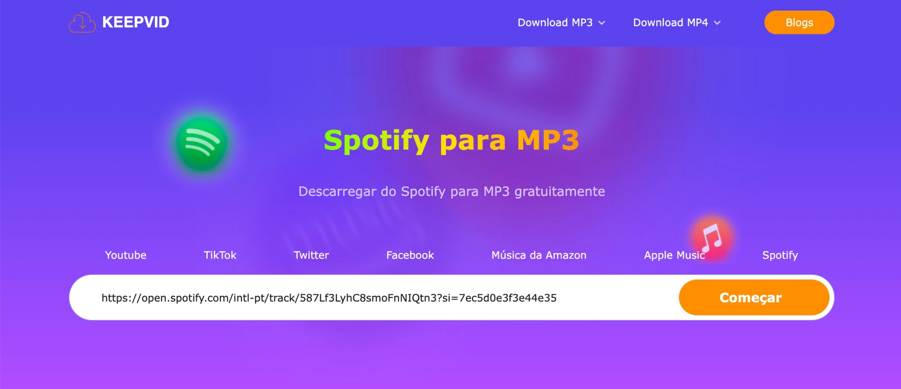 Converta Spotify para MP3 no KeepVid