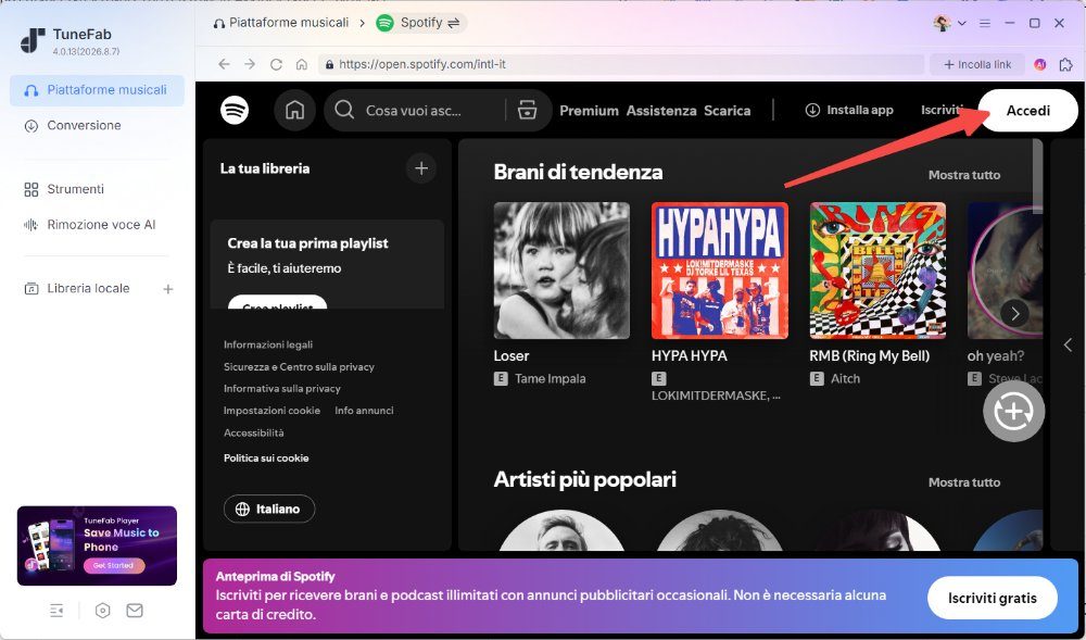 Accedi al web player di Spotify su TuneFab