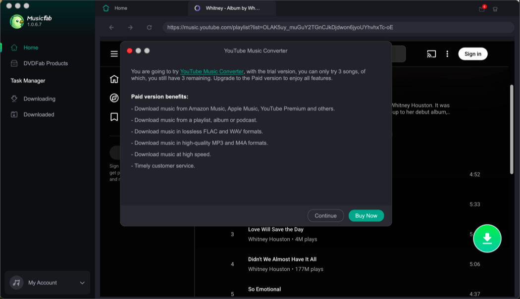 MusicFab free trial limits for YouTube Music downloads