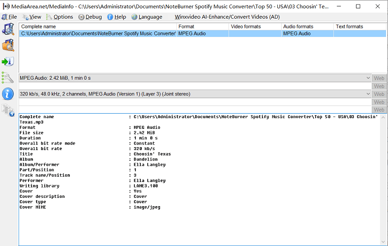 MediaInfo Check on NoteBurner Converted Spotify Music