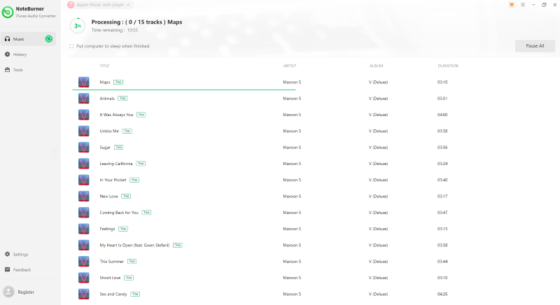 NoteBurner iTunes Audio Converter Testing Interface