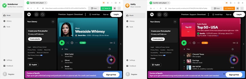 Compare NoteBurner and Sidify UI