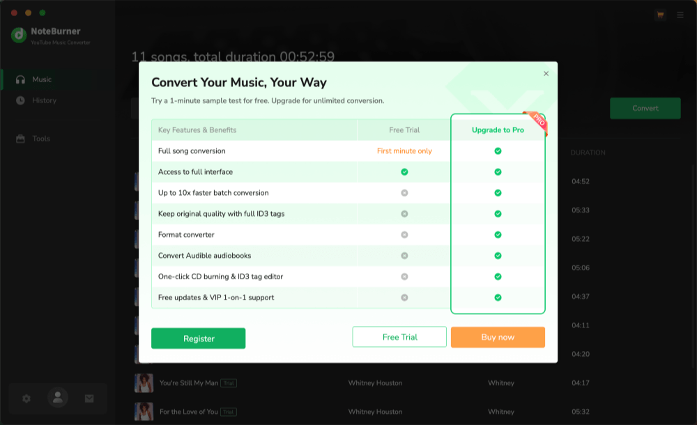 NoteBurner YouTube Music download limits