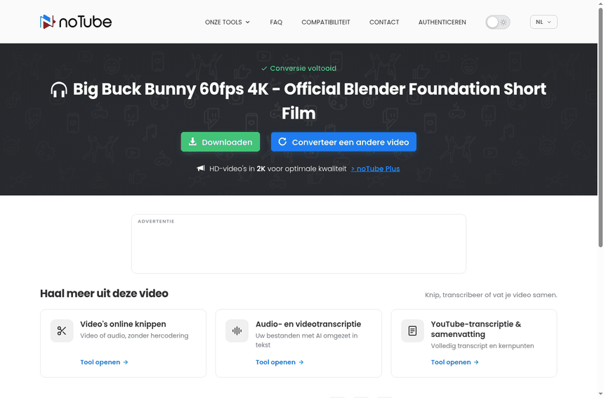 noTube na een geslaagde MP3-conversie van Big Buck Bunny op 29 oktober 2026