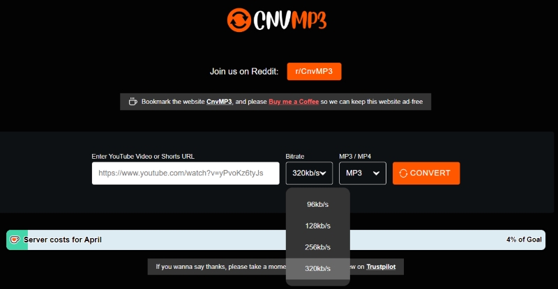 CNVMP3 Home Interface Showing Audio Quality Options