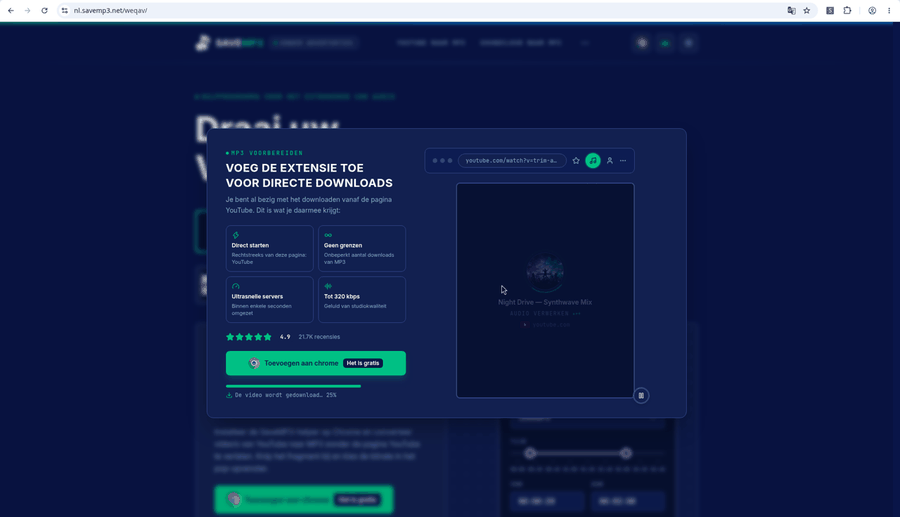 SaveMP3 bereidt een MP3 voor en vraagt om de Chrome-extensie, getest op 29 oktober 2026