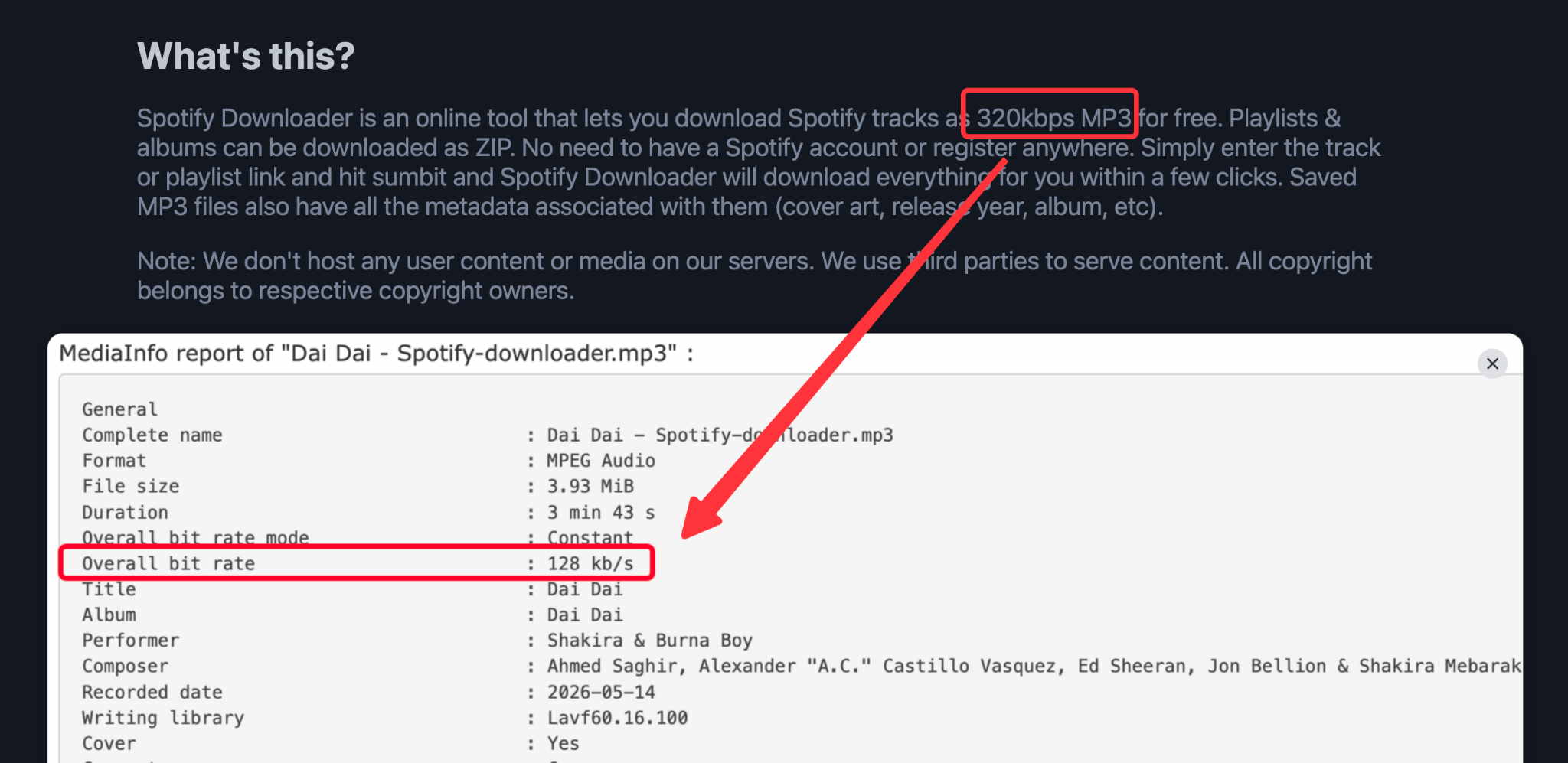 Spotify-downloader displayed 320kbps while the downloaded MP3 measured about 128kbps
