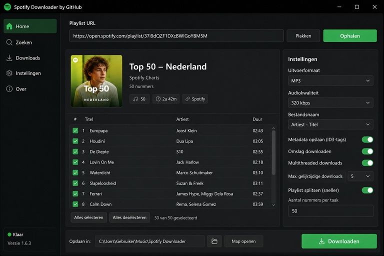 Spotify Downloader van GitHub interface