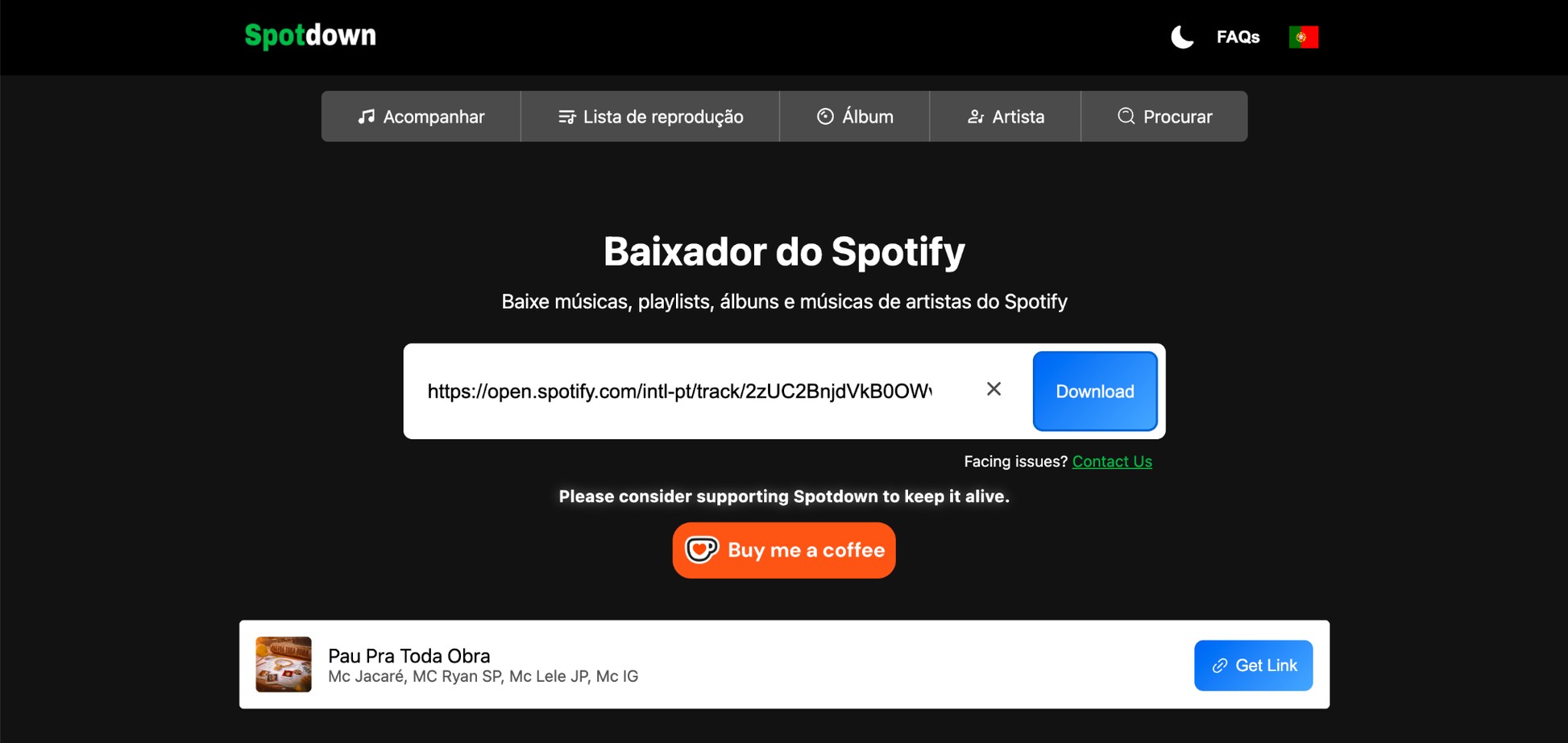 Interface on-line do downloader Spotify
