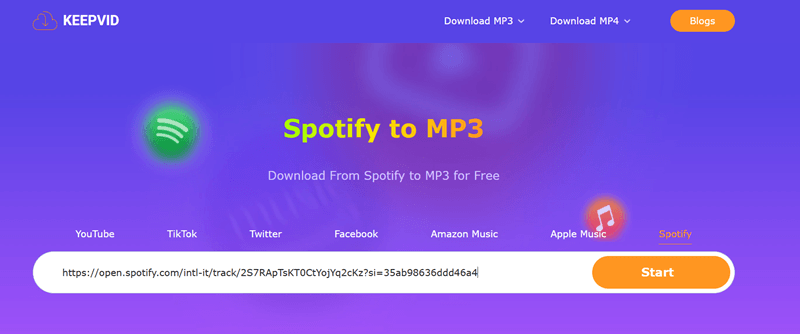 Converti Spotify in MP3 su KeepVid