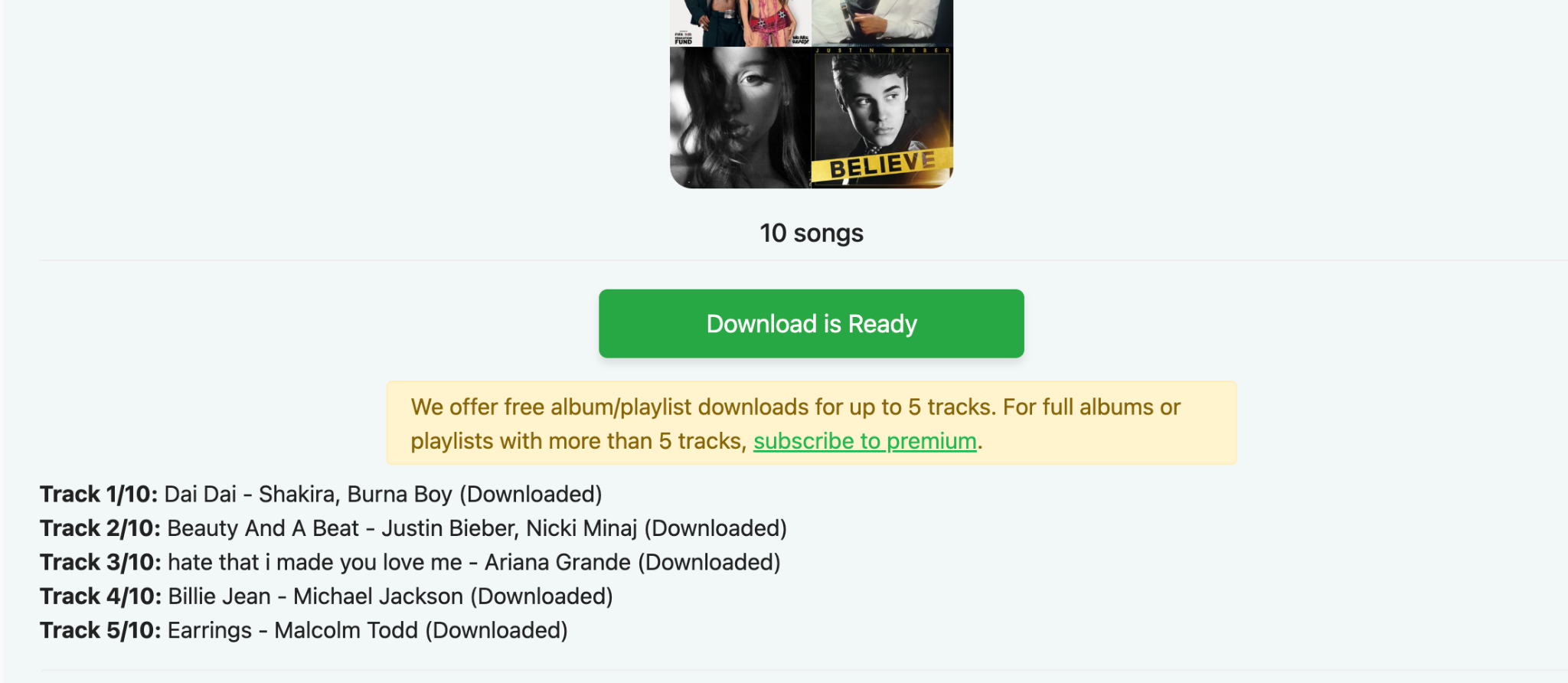 SpotifyMate limiting a Spotify playlist download to five free tracks