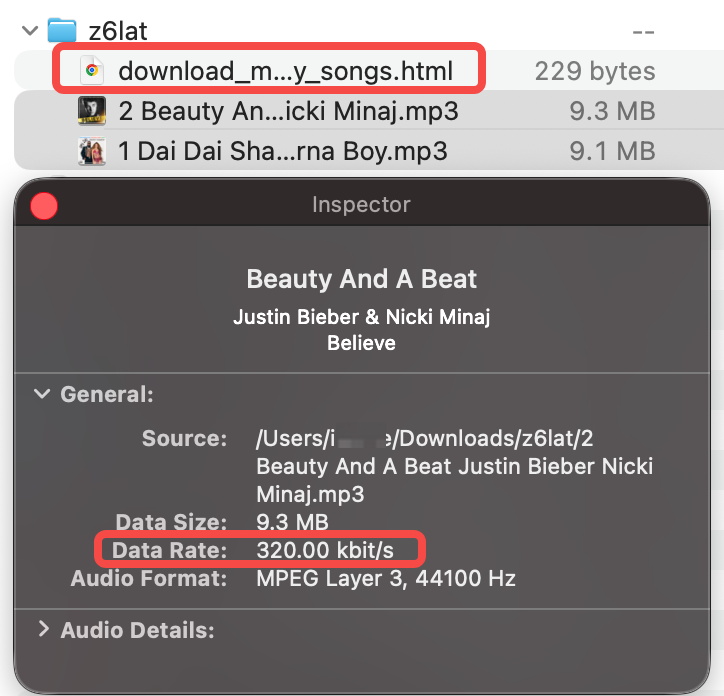 SpotiSongDownloader playlist ZIP containing two MP3 files and an extra HTML file
