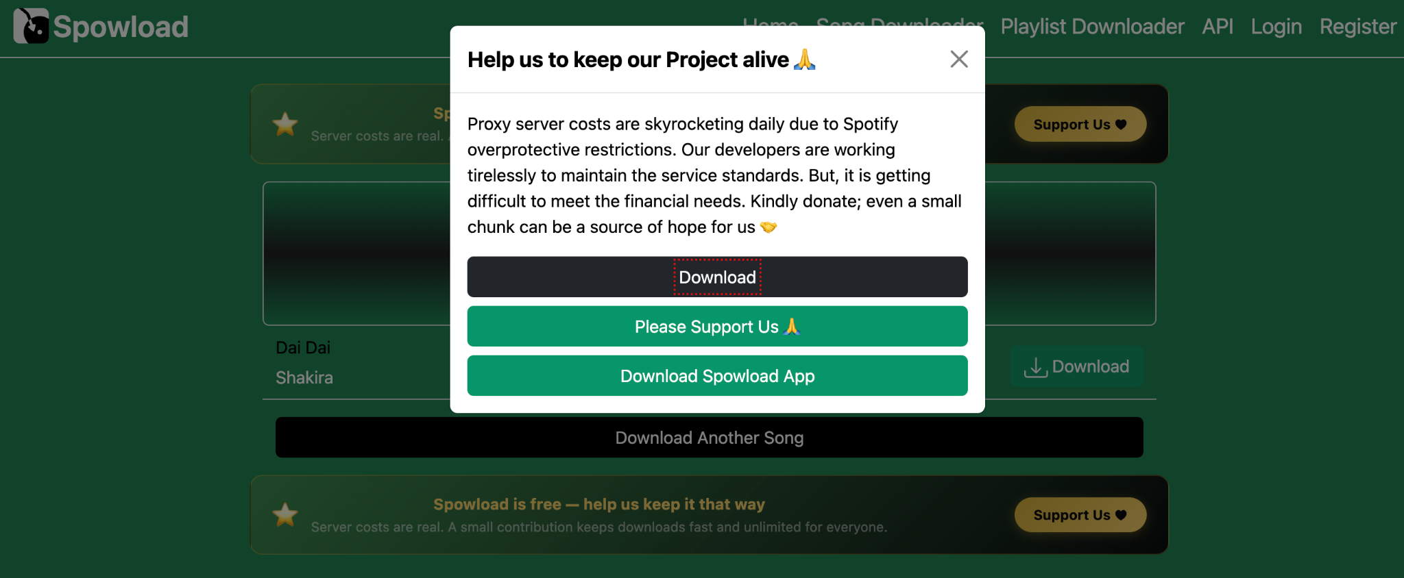 Spowload single-track download page with a pop-up during our test