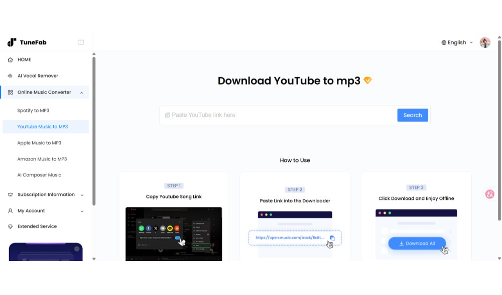 YouTube Music Online Converter TuneFab Interface