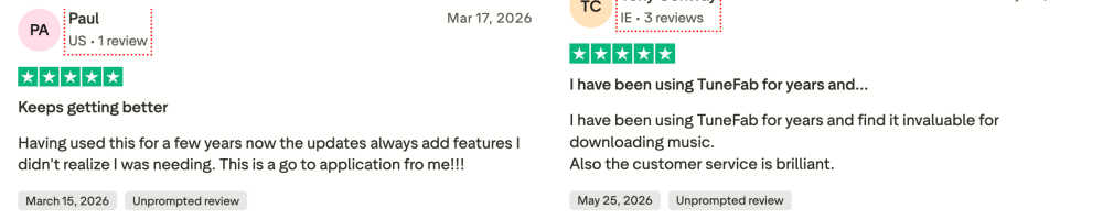 Positive User Review from Trustpilot of TuneFab