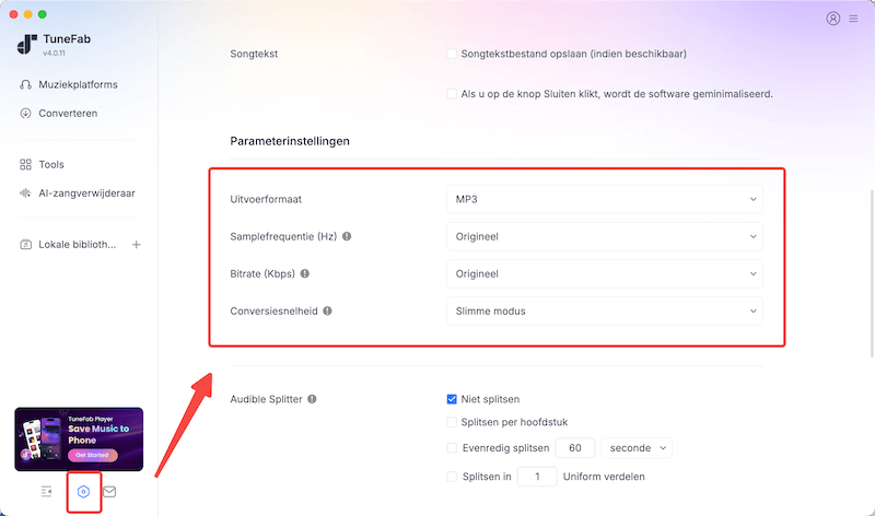 Algemene uitvoerinstellingen op TuneFab