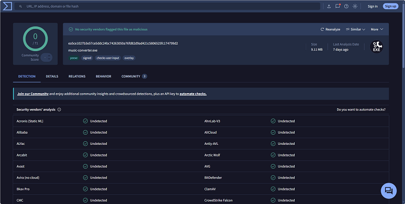 VirusTotal Check on TuneFab Installer