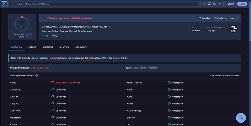VirusTotal Check on Allavsoft Installer