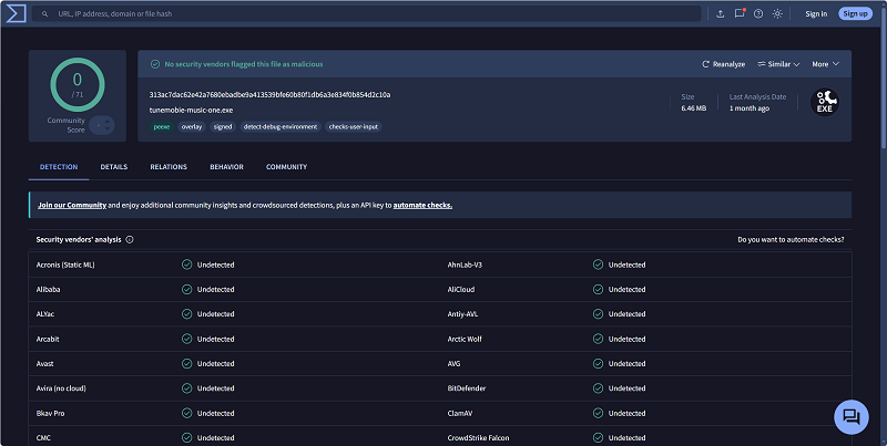 VirusTotal Check on TuneMobie Installer