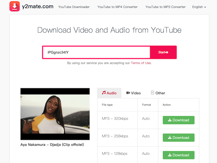 Y2Mate-startpagina
